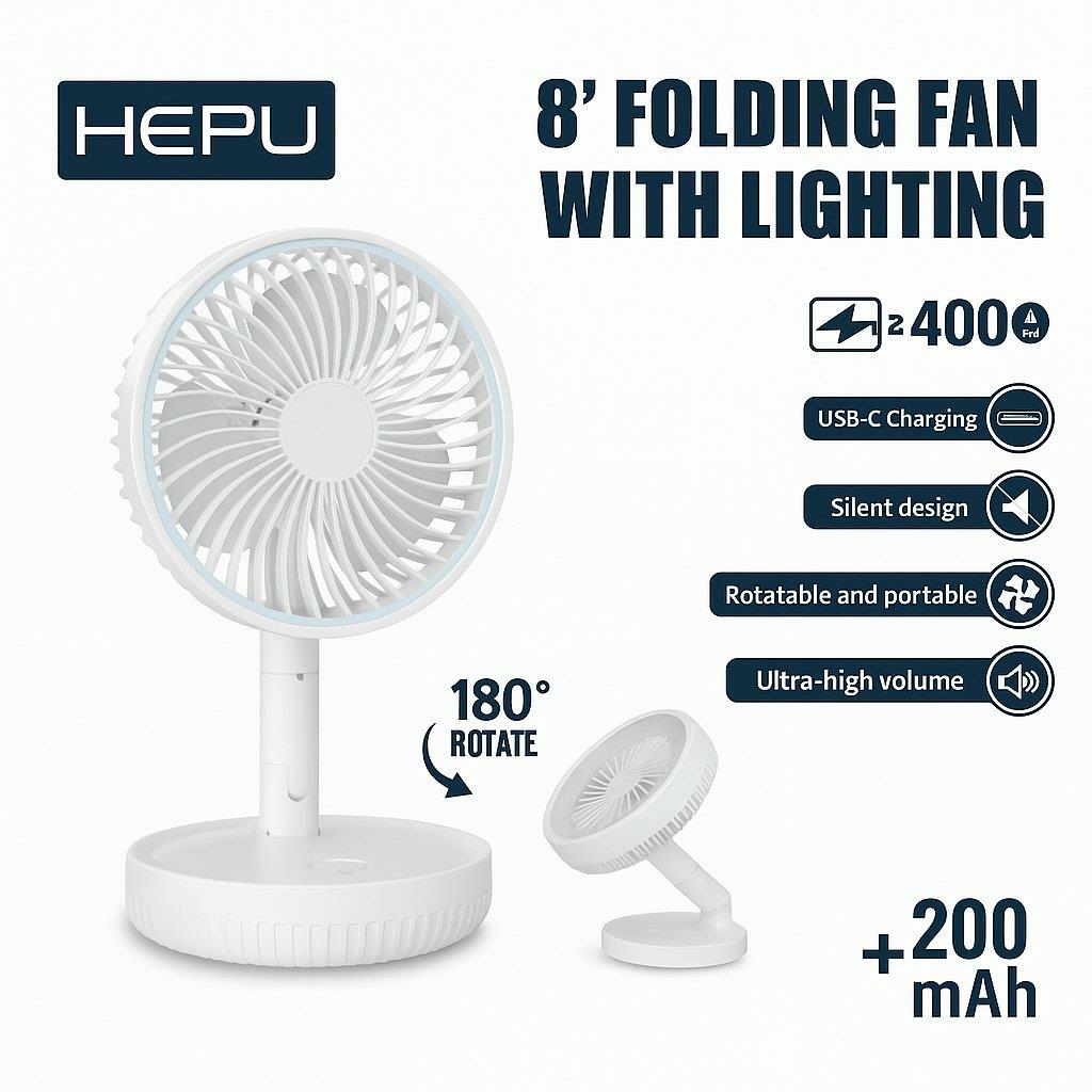 HEPU HP-F888 8'' 20CM Katlanabilir Işıklı Masaüstü Fan – 4000mAh (2x2000mAh) Batarya, 180°