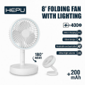HEPU HP-F888 8'' 20CM Katlanabilir Işıklı Masaüstü Fan – 4000mAh (2x2000mAh) Batarya, 180°