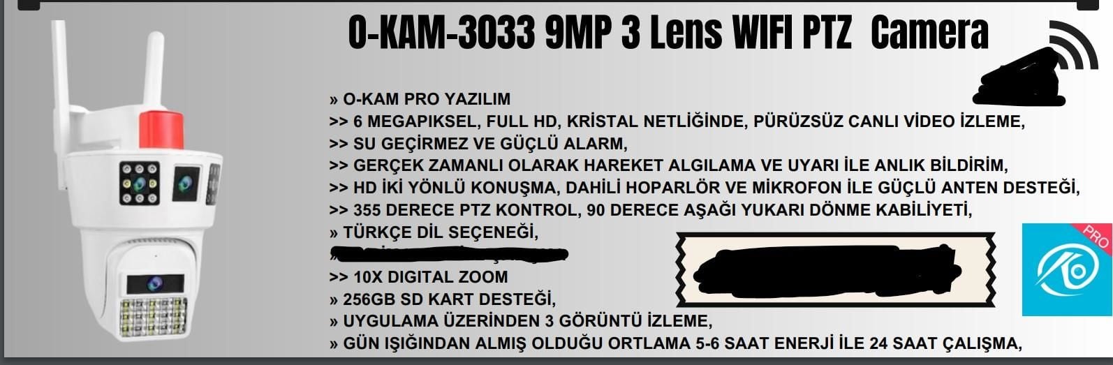 O-KAM-3033 6MP 3 Lens Wifi Kamera Köşeler Ayarlı 3+3+3MP