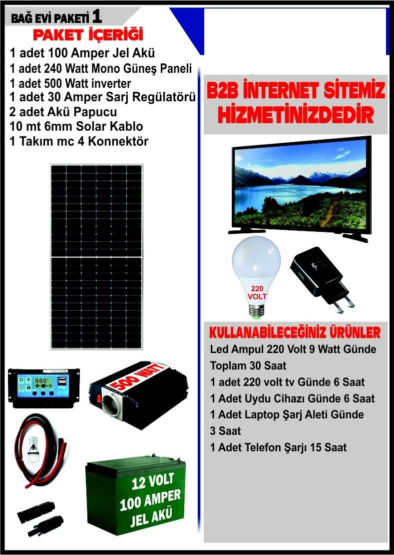 SOLAR BAĞ EVİ PAKETİ 1 - 240WATT PANEL - 100 AMPER JEL AKÜ - 500WATT İNVERTER