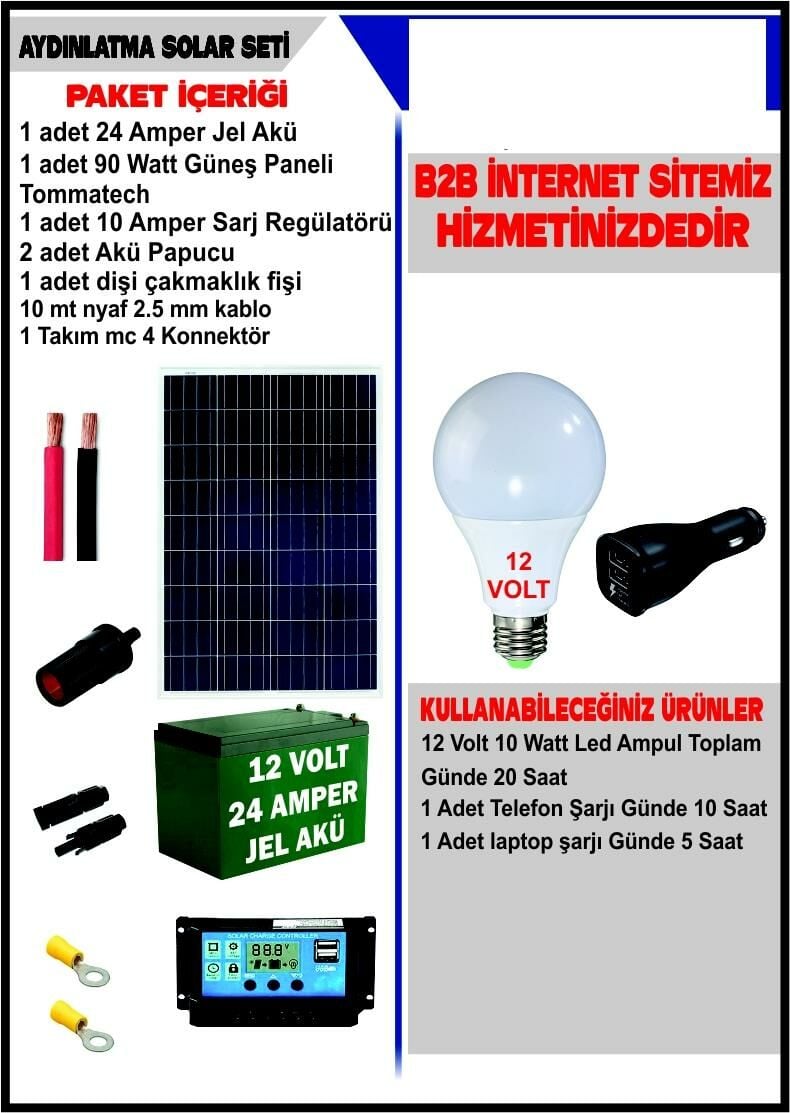 SOLAR AYDINLATMA SETİ- 90 WATT PANEL - 24 AMPER JEL AKÜ 12 VOLT SİSTEM