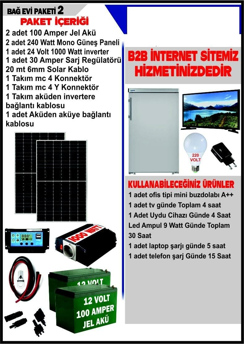 SOLAR BAĞ EVİ PAKETİ 2- 418WATT PANEL - 200 AMPER JEL AKÜ - 1000WATT İNVERTER