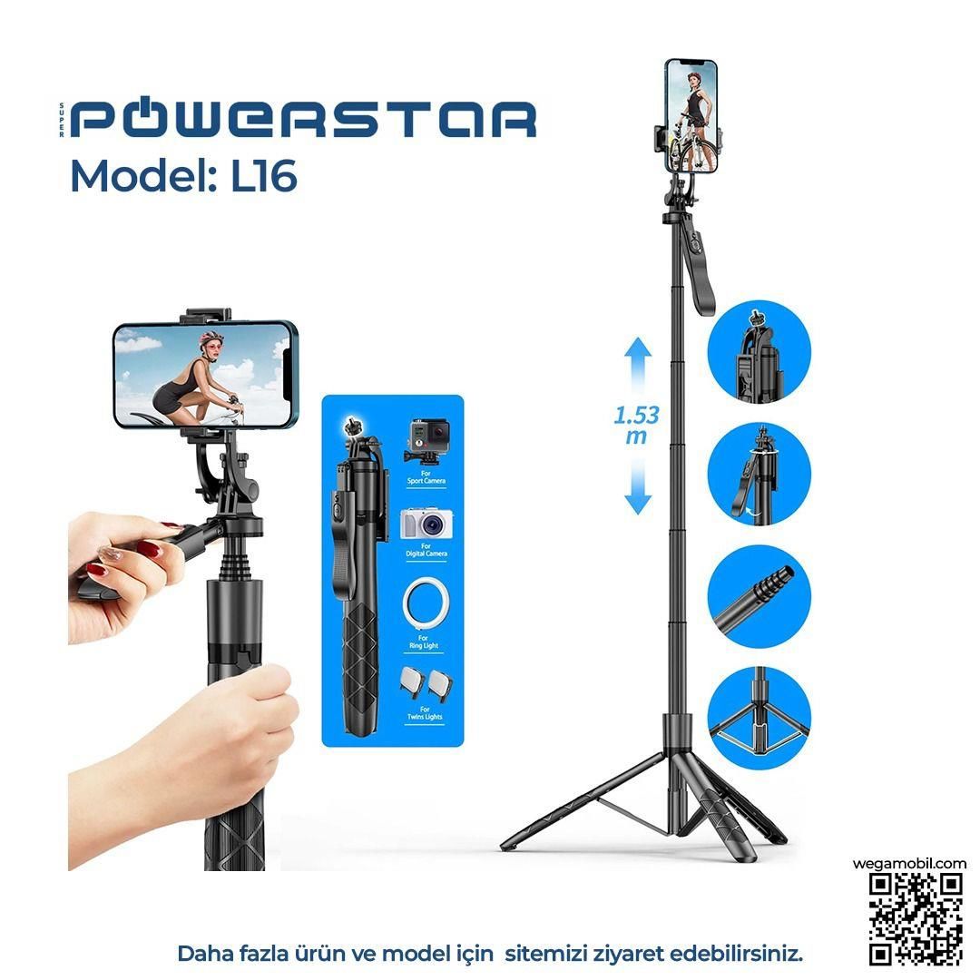 TRIPOD + SELFİE ÇUBUĞU POWERSTAR L16 153CM