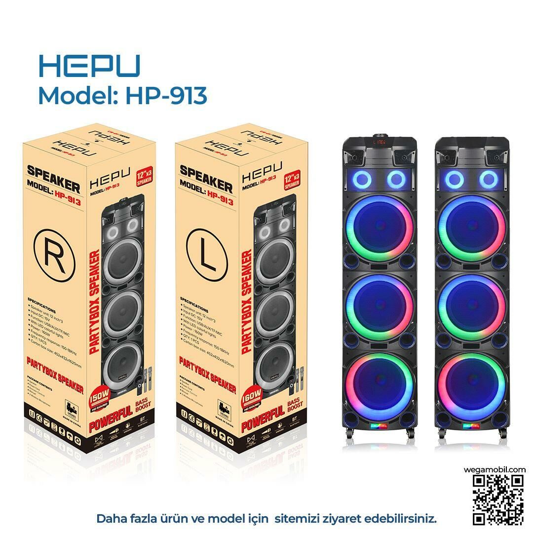 HEPU HP-913 3X12'' 3X30CM KABLOSUZ 2 EL MİKROFON BLUETOOTH USB ŞARJLI MÜZİK KUTUSU