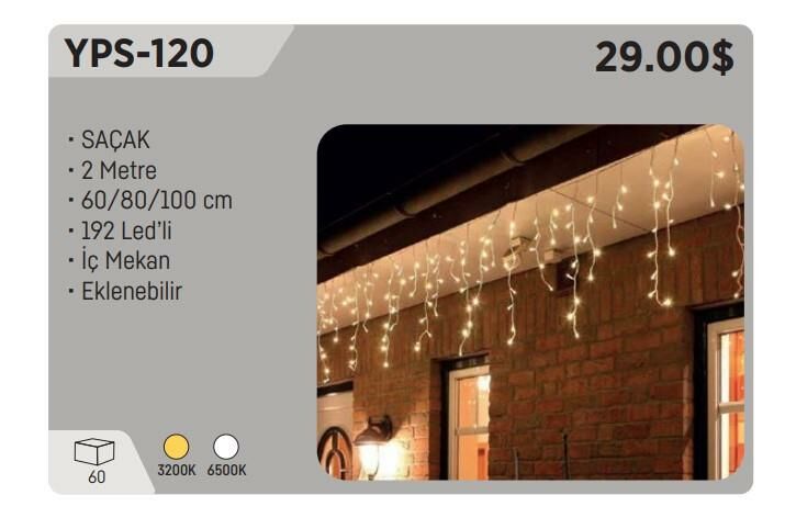 YCL YPS-120G SAÇAK PERDE LED 2X60-80-100 CM GÜN IŞIĞI 192 LEDLİ 220 VOLT İÇ MEKAN YILBAŞI