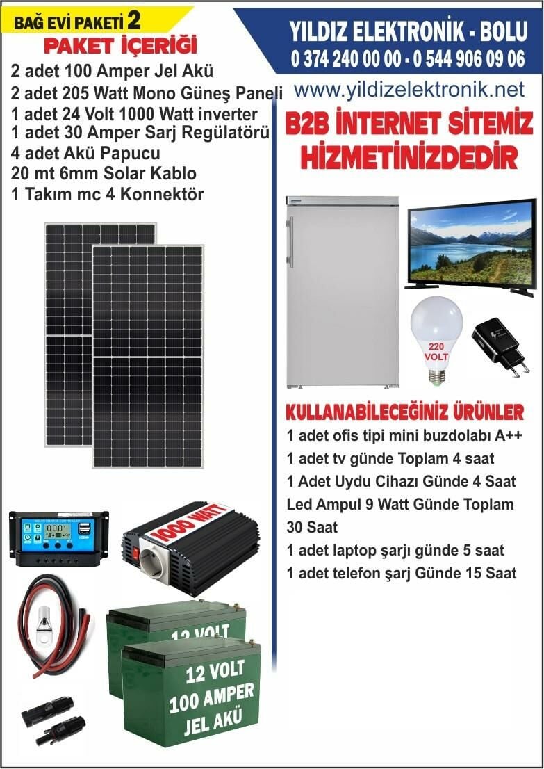 SOLAR BAĞ EVİ PAKETİ 2- 410WATT PANEL - 200 AMPER JEL AKÜ - 1000WATT İNVERTER