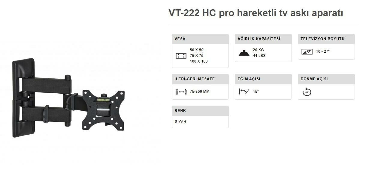TV ASKI APARATI 10-27 INÇ ÇİFT KOLLU HARAKETLİ DUVAR TİPİ VONTECH VT 222 HC PRO