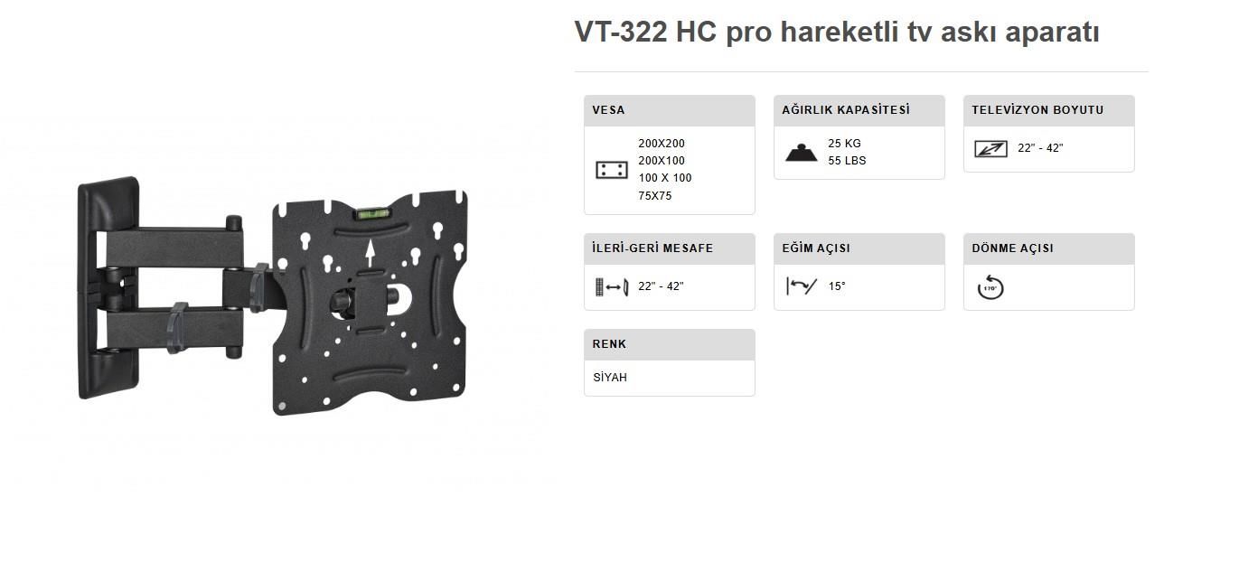 TV ASKI APARATI 22-42 INÇ ÇİFT KOLLU HARAKETLİ DUVAR TİPİ VONTECH VT 322 HC PRO