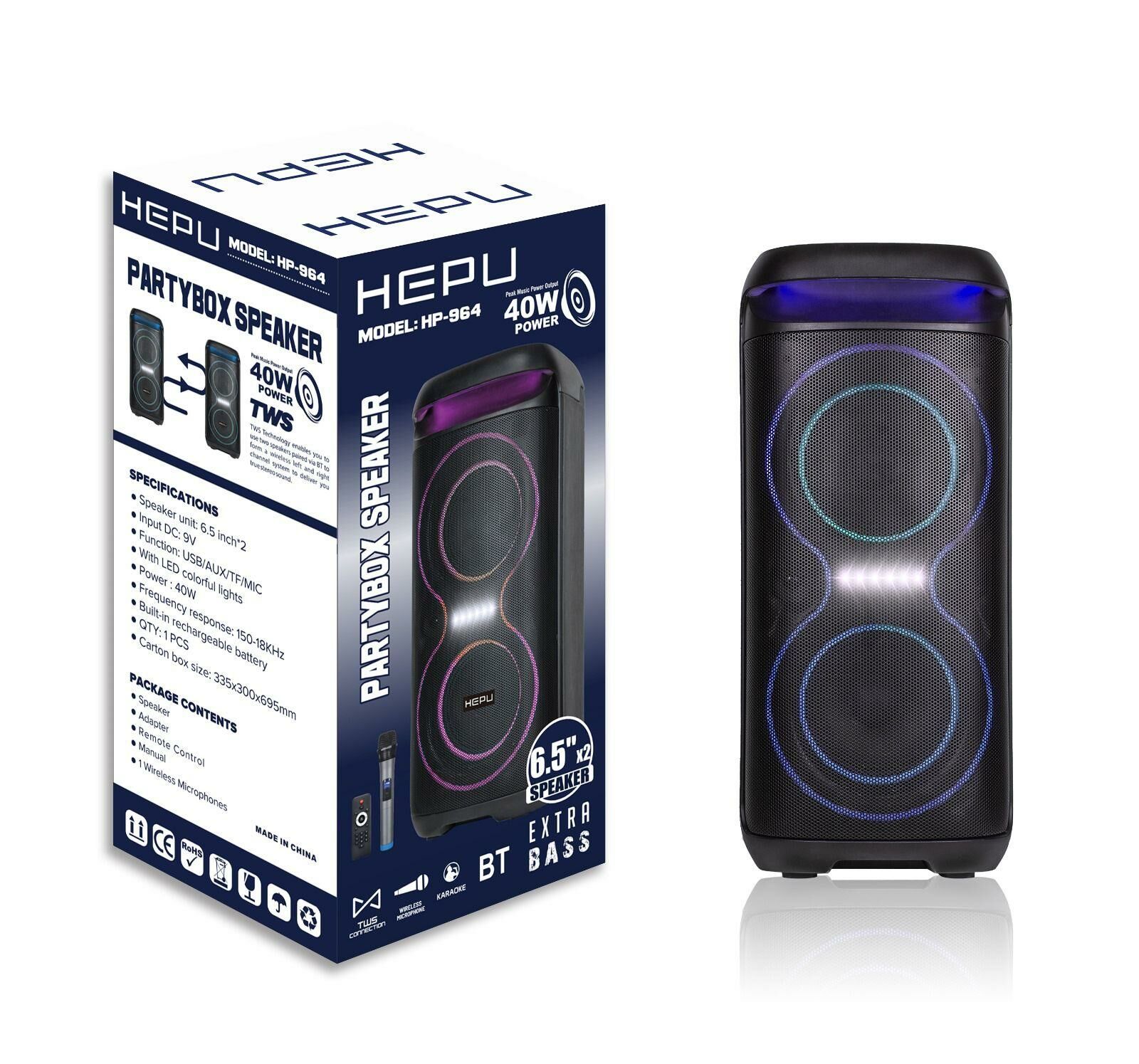 HEPU HP-964 2X6.5'' KABLOSUZ 1 EL MİKROFON BLUETOOTH USB ŞARJLI RGB IŞIKLI MÜZİK KUTUSU