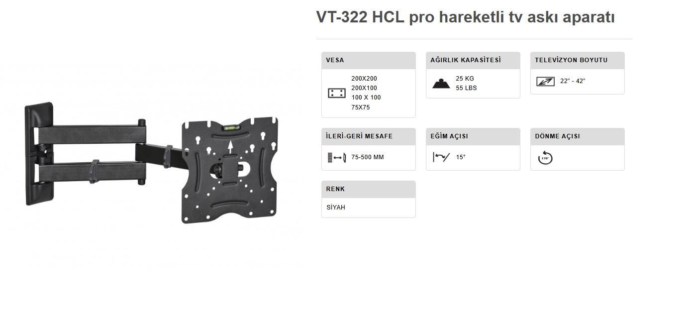 TV ASKI APARATI 22-42 INÇ ÇİFT KOLLU HARAKETLİ DUVAR TİPİ VONTECH VT 322 HCL PRO