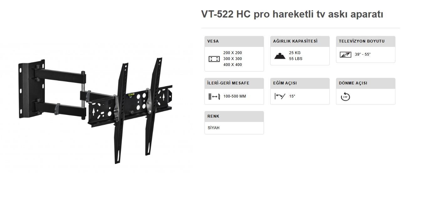 TV ASKI APARATI 39-55 INÇ ÇİFT KOLLU HARAKETLİ DUVAR TİPİ VONTECH VT 522 HC PRO