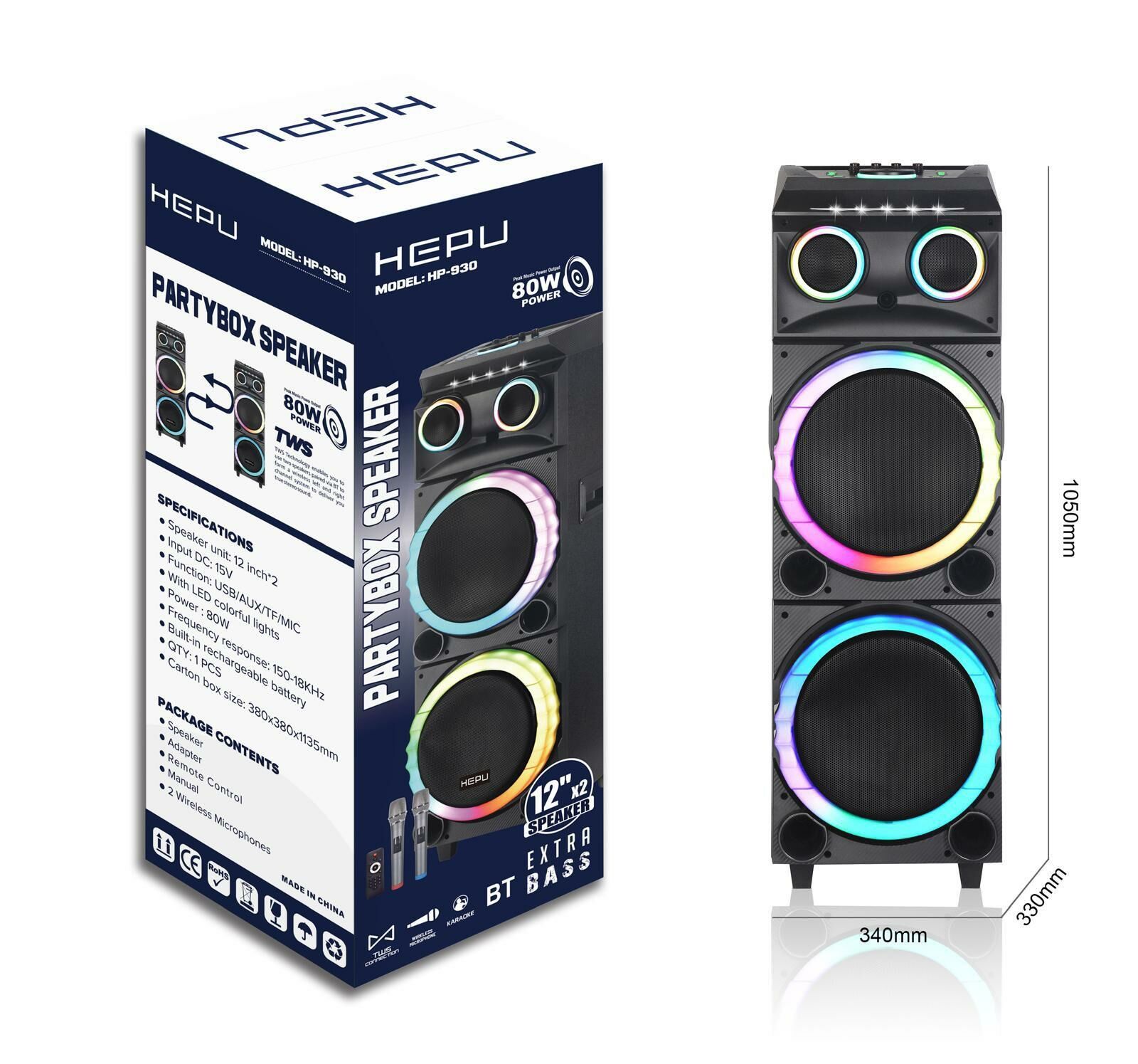 HEPU HP-930 2X12'' 2X30CM KABLOSUZ  2 EL MİKROFON BLUETOOTH ŞARJLI MÜZİK KUTUSU