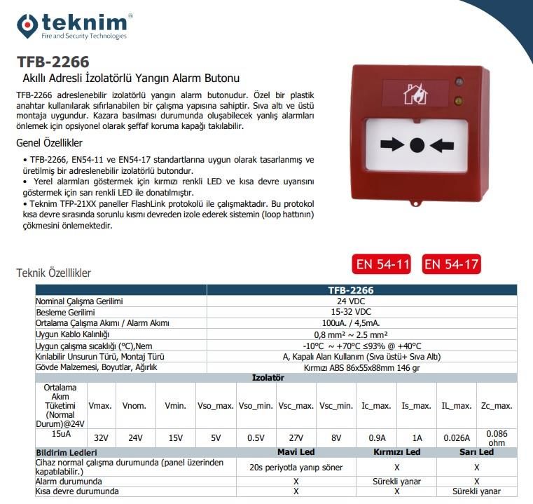 TEKNİM TFB-2266 AKILLI ADRESLİ İZOLATÖRLÜ YANGIN TEKRAR KURULABİLİR ALARM BUTONU