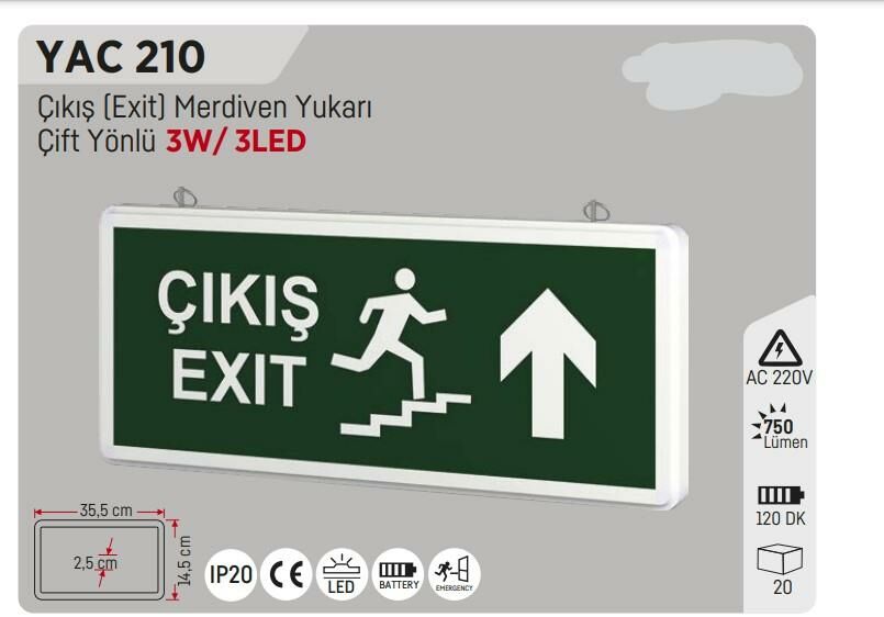 YCL YAC-210 MERDİVEN YUKARI ÇIKIŞ EXİT LEVHASI ŞARJLI LEDLİ