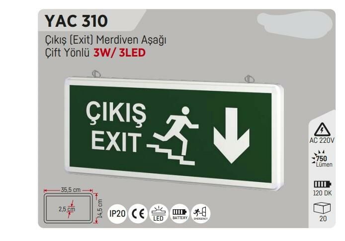 YCL YAC-310 MERDİVEN AŞAĞI ÇIKIŞ EXİT LEVHASI ŞARJLI LEDLİ