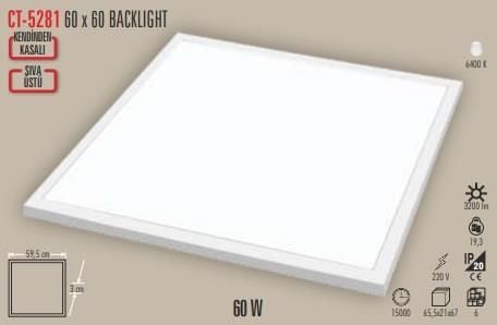 CATA CT-5281 60 WATT LED PANEL SIVA ÜSTÜ BACKLIGHT 60X60 BEYAZ