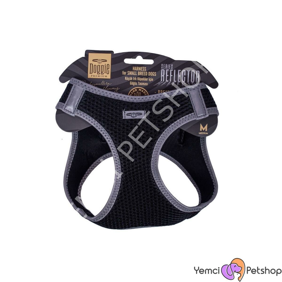 DOGGİE HAVALI DOKUMA REFLEKTÖR SERİSİ KÜÇÜK IRK GÖĞÜS TASMASI SİYAH 3XS-22-26CM