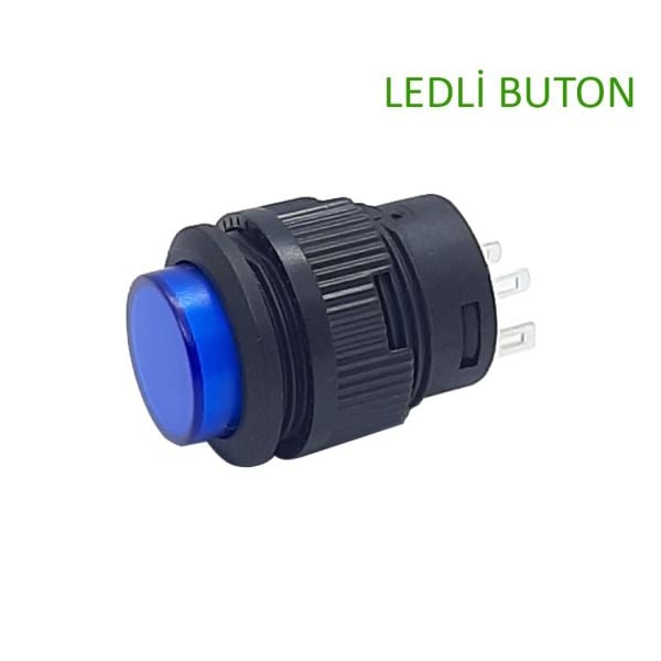 Plastik Ledli Buton 16MM  - Mavi (Yaylı)