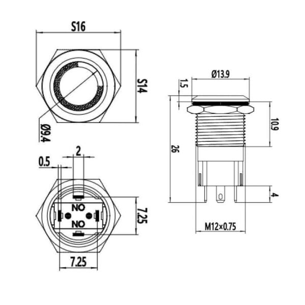 12A-P1-E 12mm Düz Yaylı Işıklı Metal Buton - Sarı