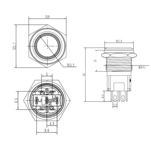 16A-P1Z-E 16mm Düz Anahtarlı Işıklı Metal Buton - Kırmızı