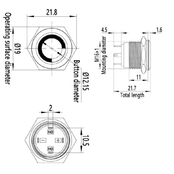 16H-P1-E 16mm Düz Yaylı Işıklı Metal Buton - Kırmızı