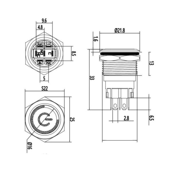 19A-G1-C 19mm Çıkık Yaylı Işıklı Power Metal Buton - Sarı