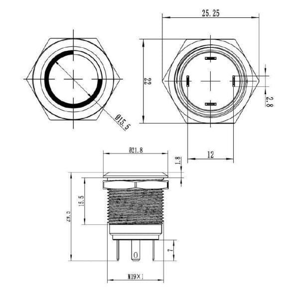 19H-P1-E 19mm Düz Yaylı Işıklı Metal Buton - Yeşil