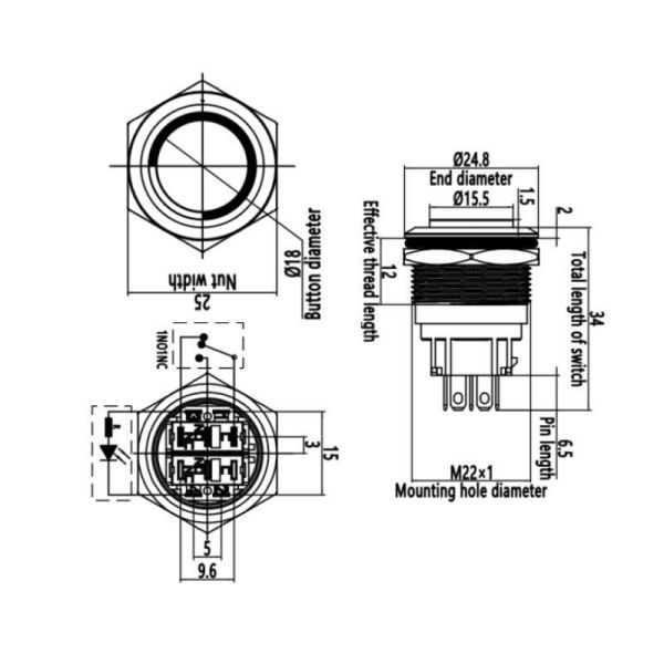 22B-G1-E 22mm Çıkık Yaylı Işıklı Metal Buton - Mavi