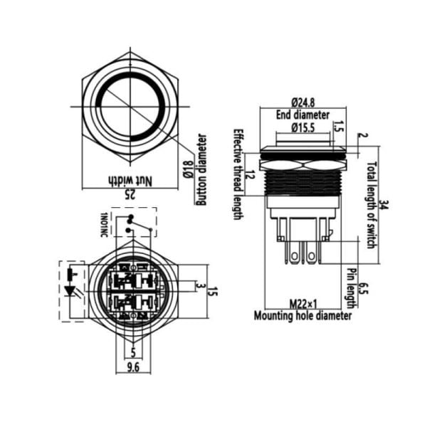 22B-G1Z-E 22mm Çıkık Anahtarlı Işıklı Metal Buton - Yeşil