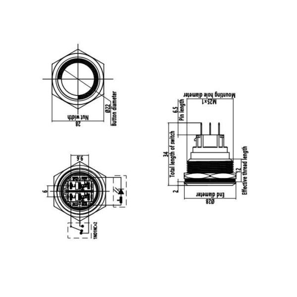 25B-G1-E 25mm Çıkık Yaylı Işıklı Metal Buton - Sarı