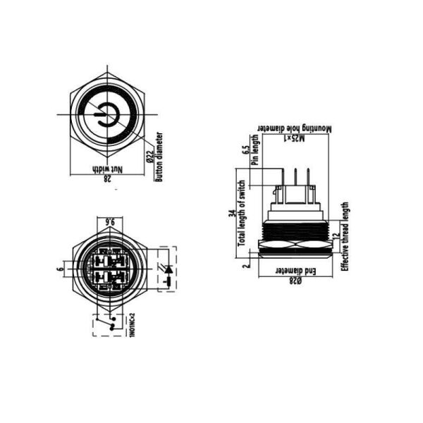 25B-P1Z-EC 25mm Düz Anahtarlı Işıklı Power Metal Buton - Mavi