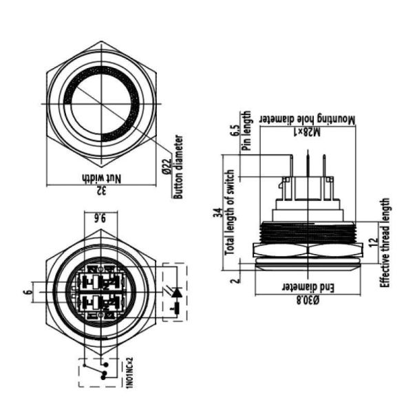 28B-P1Z-E 28mm Düz Anahtarlı Işıklı Metal Buton - Yeşil