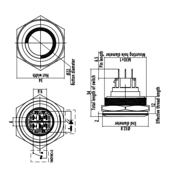 30B-P1Z-E 30mm Düz Anahtarlı Işıklı Metal Buton - Mavi