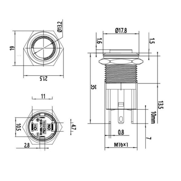 16D-G1-E 16mm Çıkık Yaylı Işıklı Metal Buton - Kırmızı