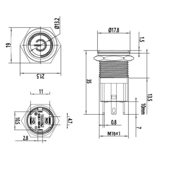 16D-P1-EC 16mm Düz Yaylı Işıklı Power Metal Buton - Mavi