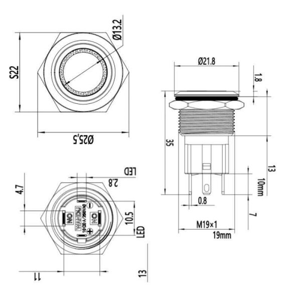 19D-P1-E 19mm Düz Yaylı Işıklı Metal Buton - Yeşil