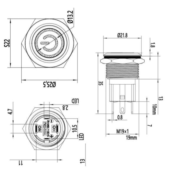 19D-P1-EC 19mm Düz Yaylı Işıklı Power Metal Buton - Yeşil