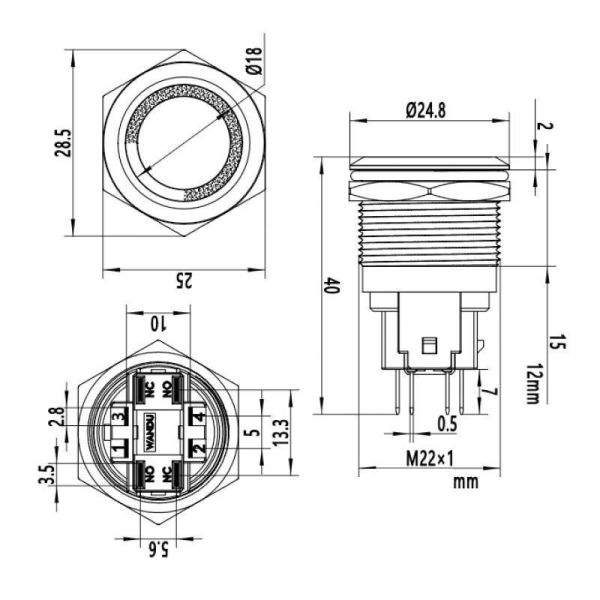 22E-P1-E 22mm Düz Yaylı Işıklı Metal Buton - Sarı