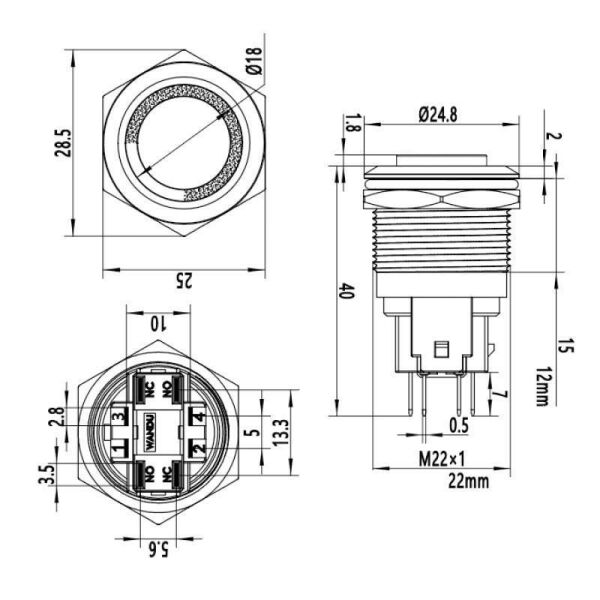 22E-G1Z-E 22mm Çıkık Anahtarlı Işıklı Metal Buton - Kırmızı