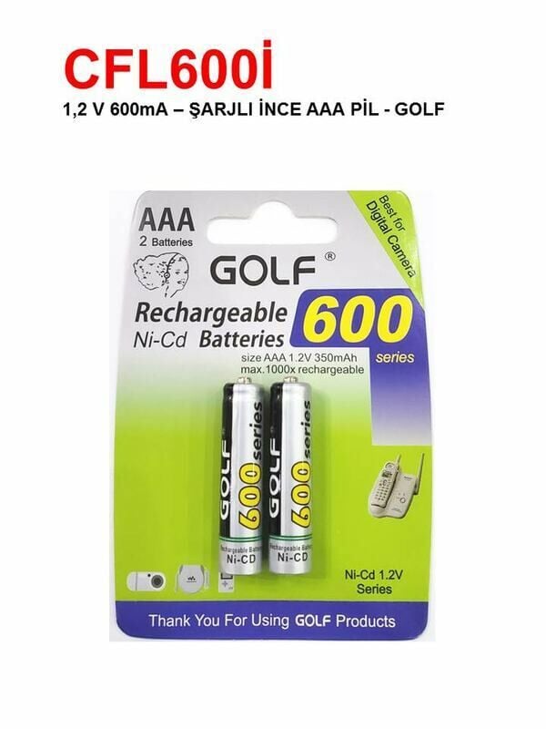 Golf 600 Serisi 600 mAh AAA Ni-CD Şarj Edilebilir İnce Kalem Pil 2'li