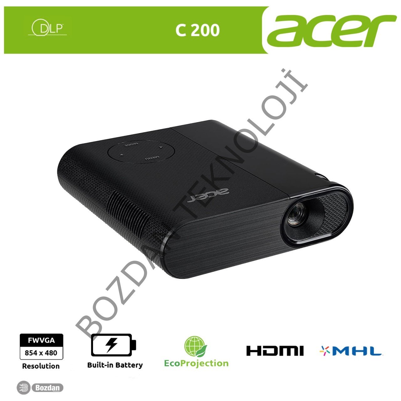 Acer C200 LED WVGA HDMI/MHL Mini Ops. Kablosuz Bataryalı Projeksiyon Cihazı MR.JQC11.001