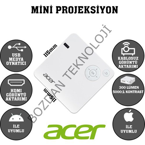 Acer C202i LED WVGA 854x480 300AL HDMI USB 5000:1 Bataryalı Tripod Mini WiFİ Projeksiyon Cihazı MR.JR011.001