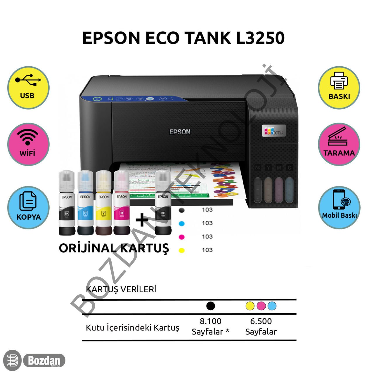 Epson EcoTank L3250 Renkli Tanklı Yazıcı Baskı-Tarama- Kopya - ( USB, WiFi, Wi-Fi Direct ) C11CJ67405