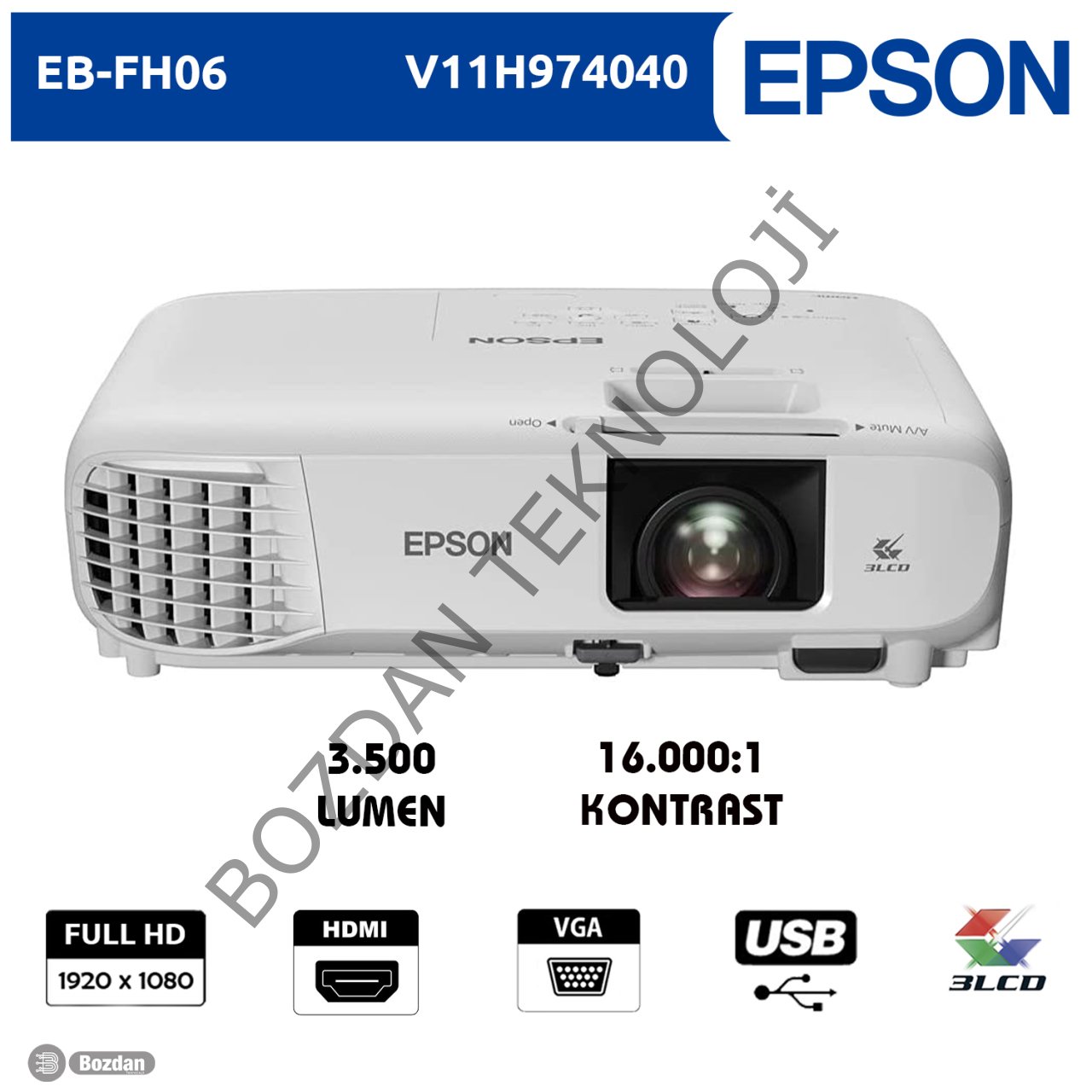 Epson EB-FH06 1920X1080 Full HD 3500 Lümen UHE 16.000:1 HDMI+USB/VGA Projeksiyon Cihazı V11H974040