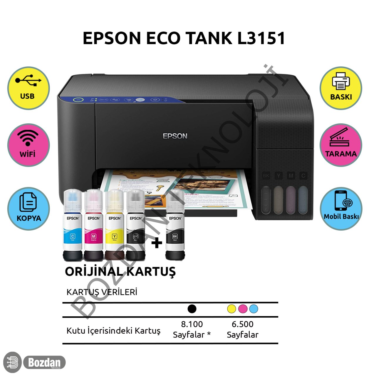 Epson Ecotank L3151 Renkli Tanklı Yazıcı Baskı-Tarama- Kopya - ( Usb, Wifi, Wi-Fi Direct ) + ORİJİNAL EPSON 4 x 65 ml + 1 Mürekkep C11CG86406