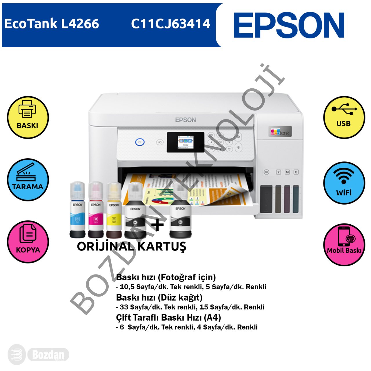 Epson Ecotank L4266 Renkli Mürekkep Tanklı Yazıcı Baskı, Tarama, Kopya ( Usb, Wifi, Wi-Fi Direct ) + Orijinal Epson (1x 127ml BK, 3x 70ml CMY) + Ekstra Siyah Mürekkep Seti C11CJ63414