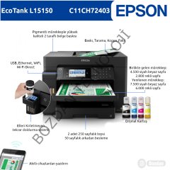 Epson Ecotank L15150 Çok Fonksiyonlu A3+ Renkli Yazıcı Baskı,Tarama, Kopya, Faks - (USB, Ethernet, WiFi, Wi-Fi Direct)  + Orijinal Epson Mürekkep Seti (1x 127ml BK, 3x 70ml CMY) C11CH72403