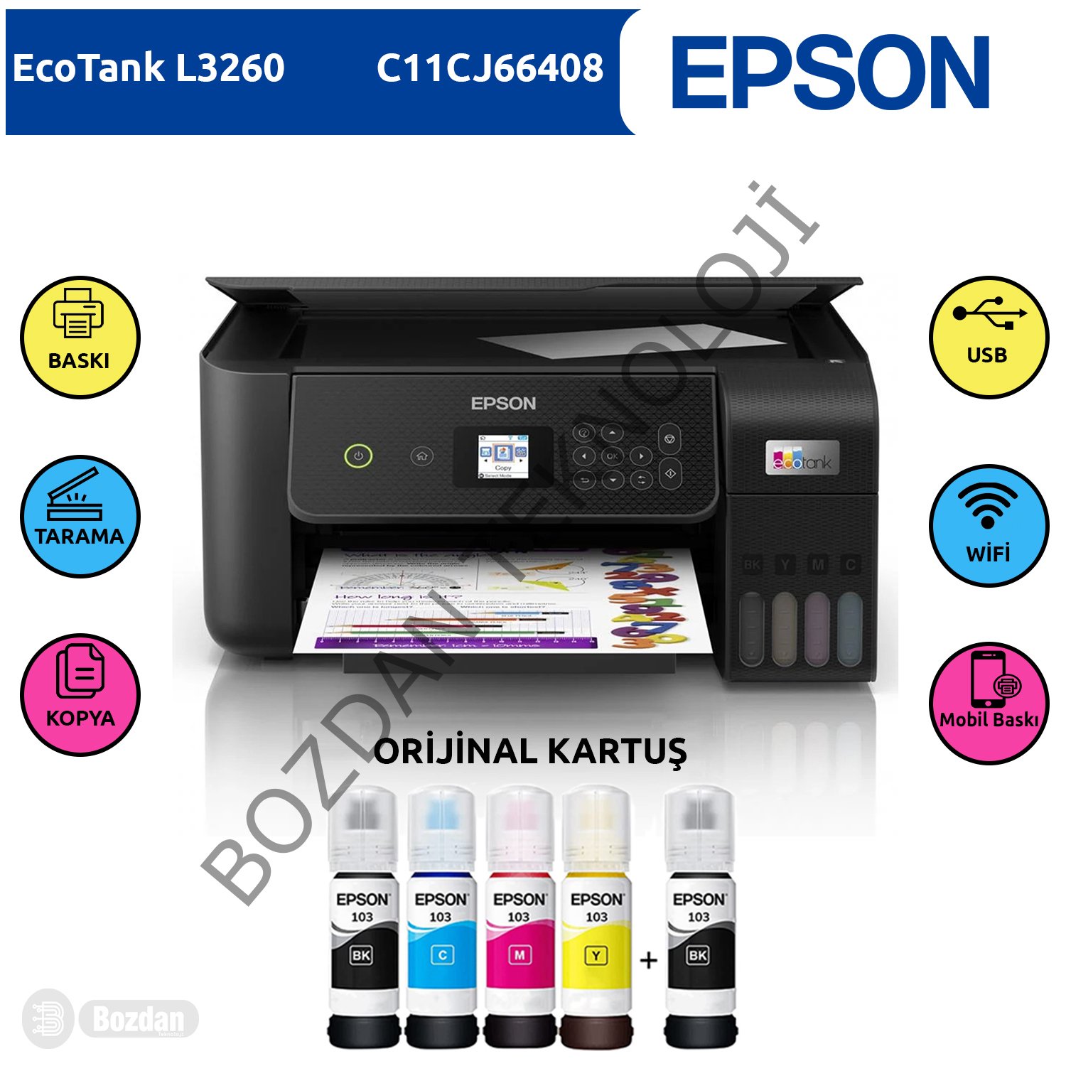 Epson Ecotank L3260 Renkli Tanklı Yazıcı Baskı-Tarama- Kopya - ( Usb, Wifi, Wi-Fi Direct ) + ORİJİNAL EPSON 4 x 65 ml + 1 Mürekkep C11CJ66408