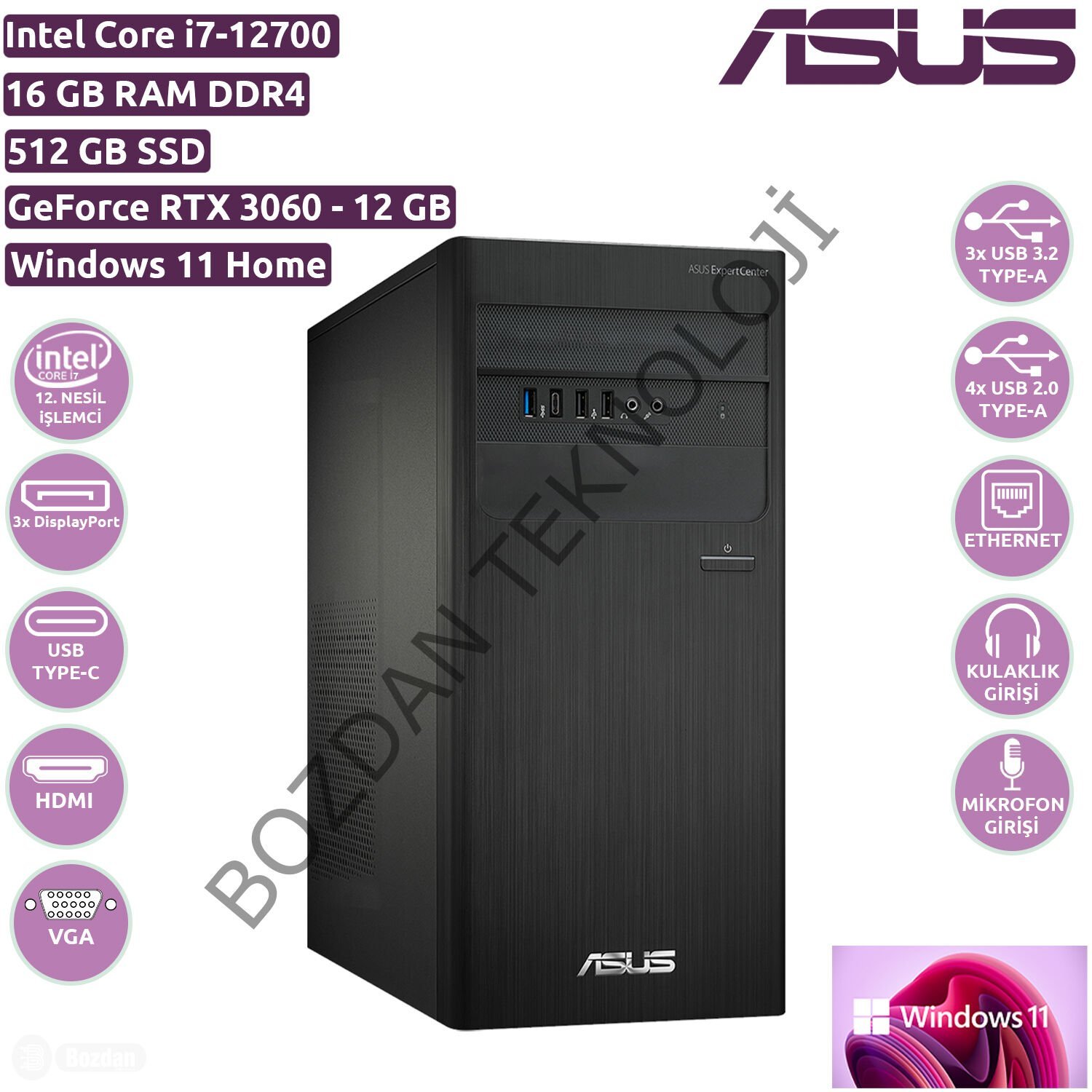 Asus ExpertCenter D7 Tower Intel Core i7-12700 16 GB 512 GB SSD RTX 3060 12 GB Windows 11 Home Masaüstü Bilgisayar D700TD-712700110W