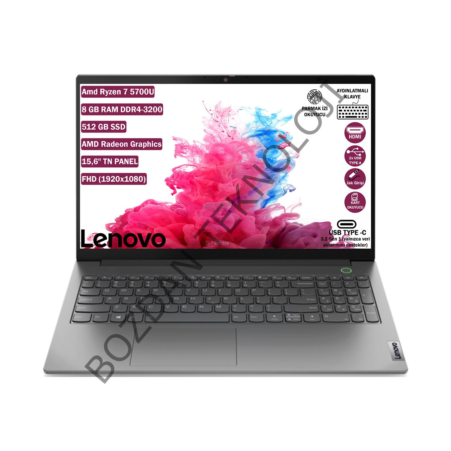 Lenovo IdeaPad 3 Amd Ryzen 7 5700U 8 GB 512 GB SSD 15.6'' FHD Freedos Taşınabilir Bilgisayar 82KU00T7TX